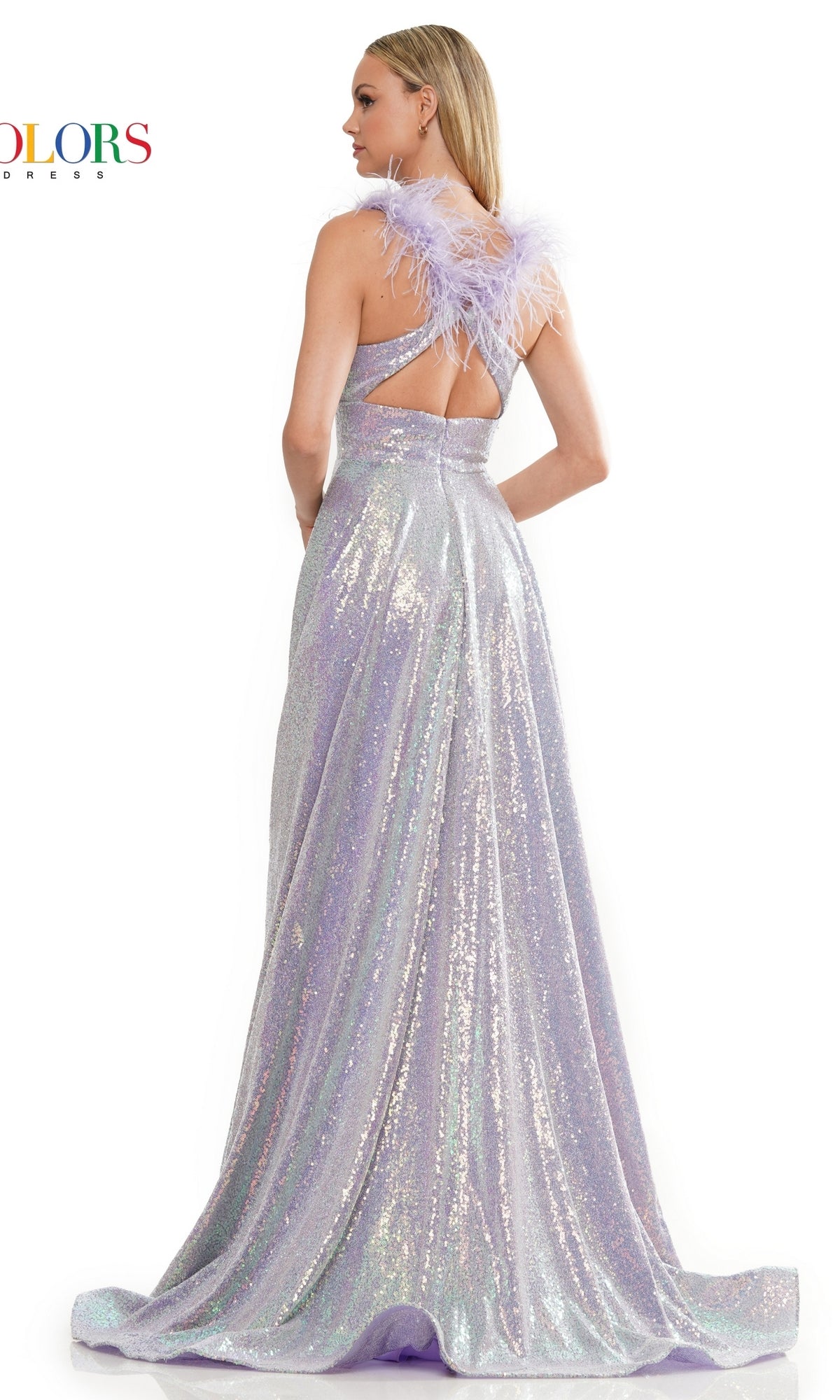 Woman in the Feather-Strap Long Sequin-Mesh Prom Dress 3221, a sparkling floor-length lavender gown with feathered shoulder straps, standing and facing away from the camera.